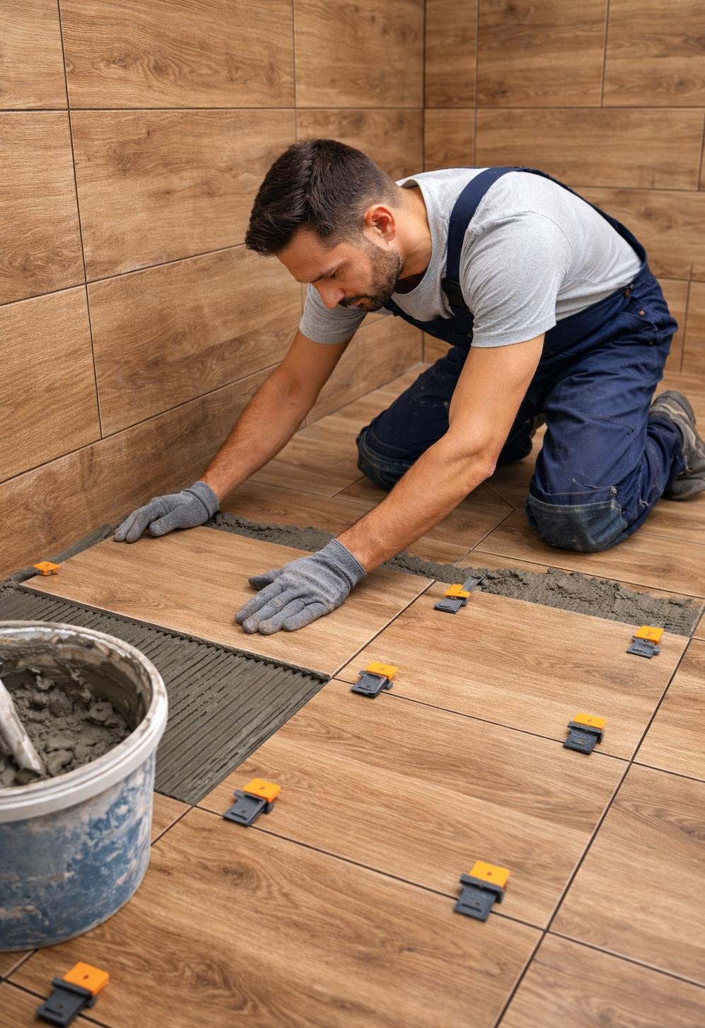 Tiler bedding a plank tile into adhesive with levelling clips and spacers